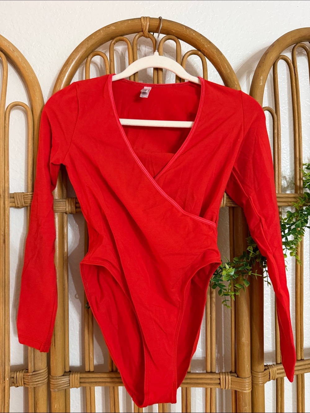 COTTON SPANDEX Women’s Red Wrap-Front Long-Sleeve Bodysuit